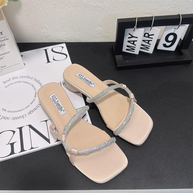 Coarse Heel Silver French Small Cool Slippers Women's Shoes Wear 2025 New Summer Fairy with Skirt Rhinestone Slippers