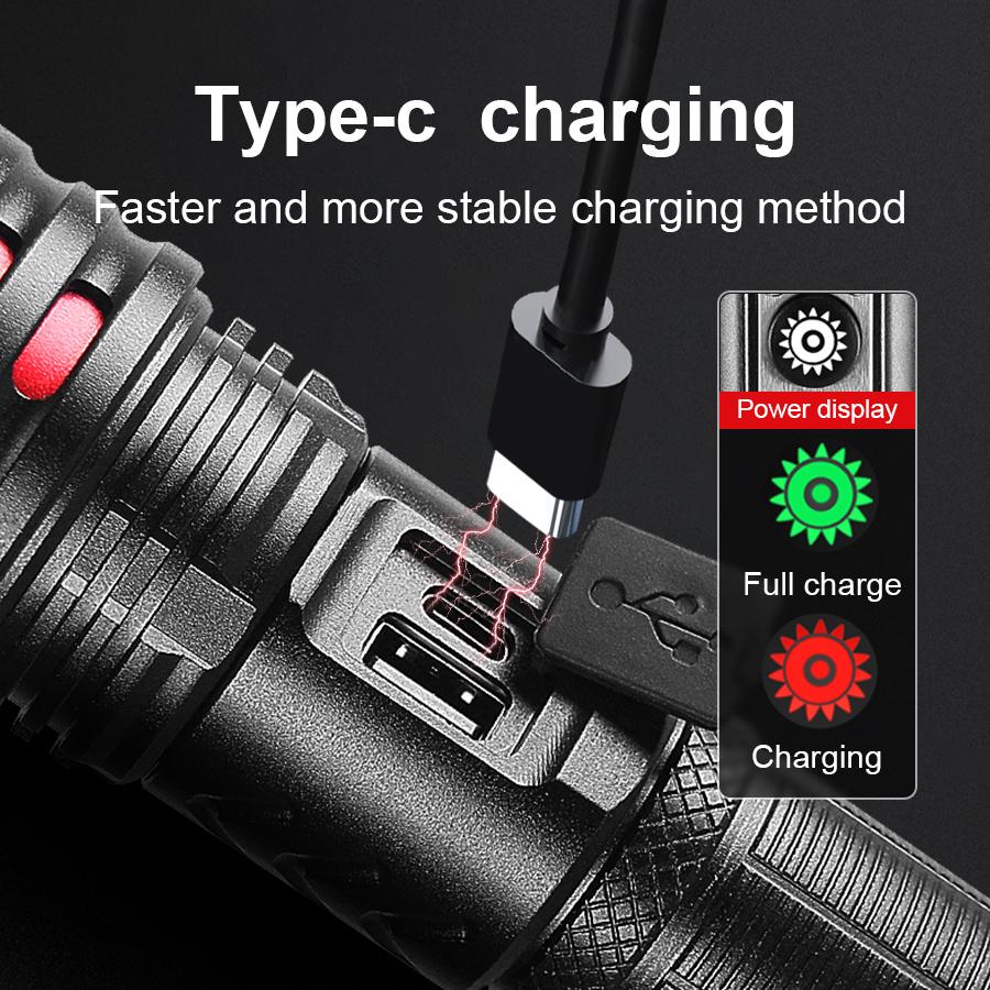 High Power XHP70 Flashlight Rechargeable LED Torch Telescopic Zoom Light For Camping Waterproof Lamp