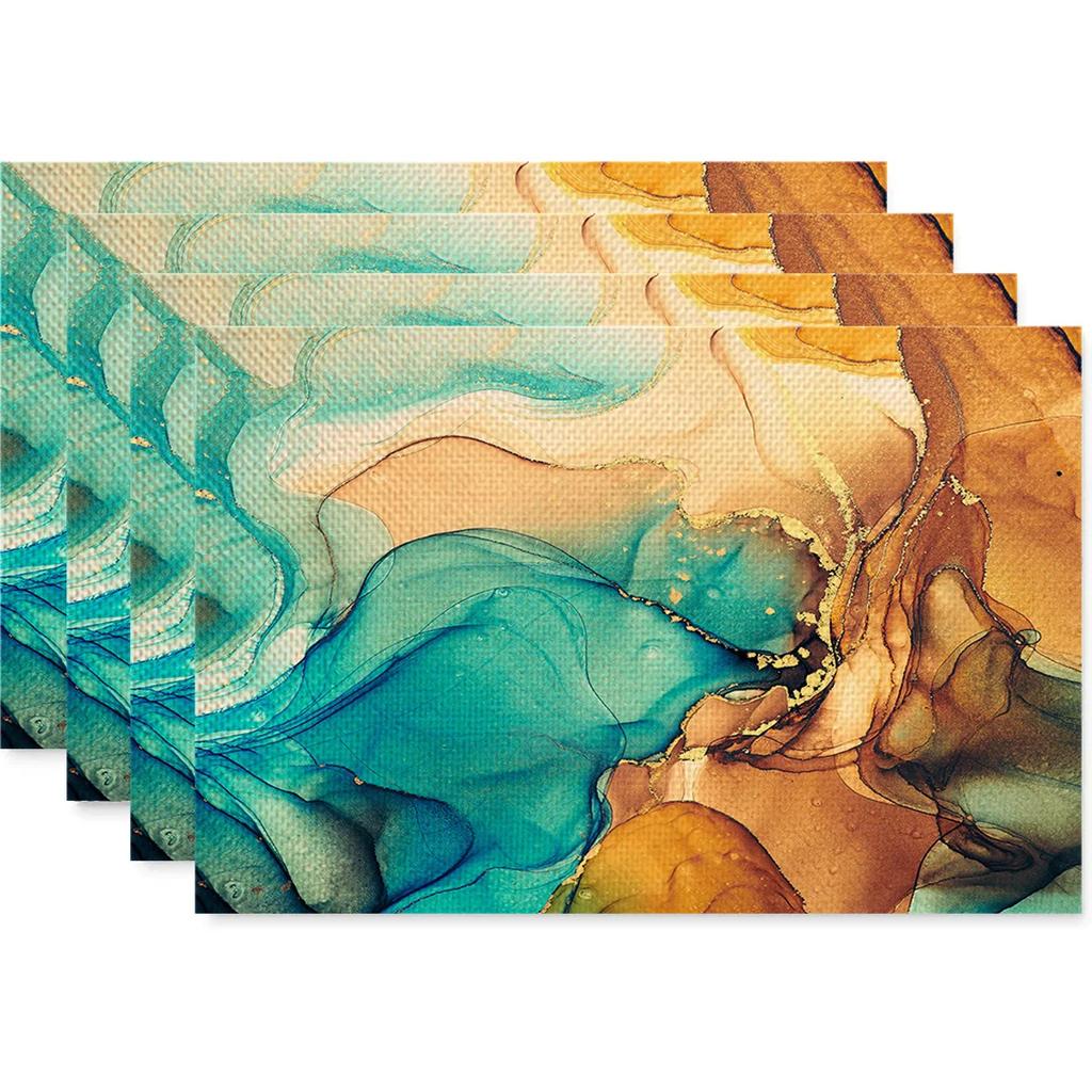 Anti Fouling and Heat-insulating Table Mat 4PC Placemat Watercolor Marble Printed Fabric Linen Placemat  Western Style Placemat