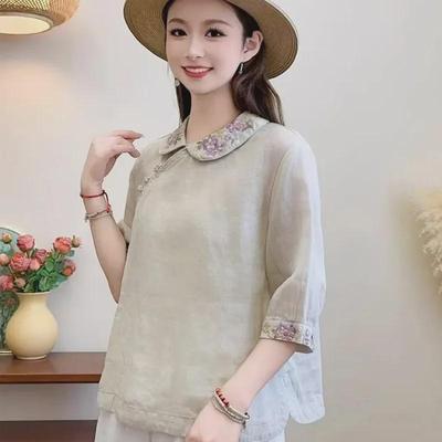 Camisa Retro de Estilo Folk para Mujer con Solapa, Cuello Oblicuo y Diseño de Botones Chinos en Algodón-Lino