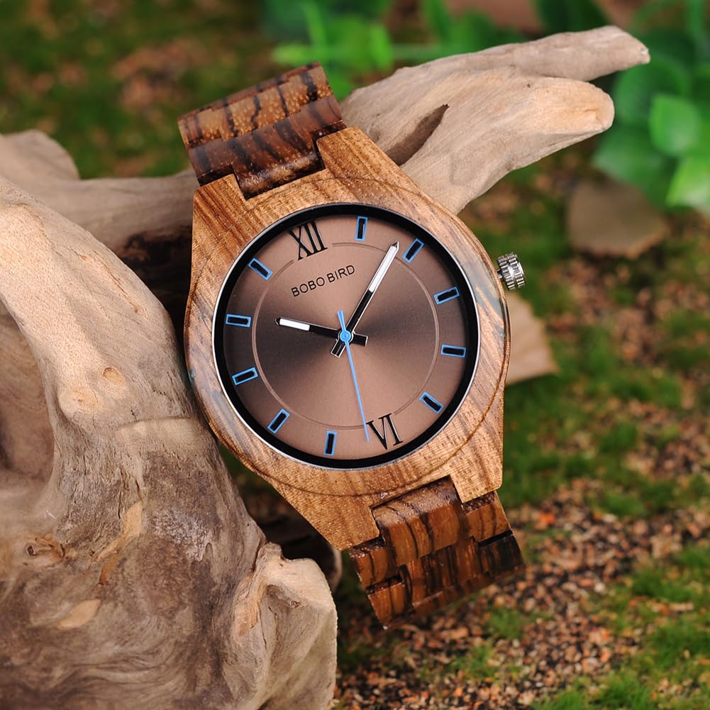 BOBO BIRD Men's Wooden Watch with Sport Quartz Movement, Natural Wood, Lightweight, Special Design, Perfect Gift (Brown Dial)