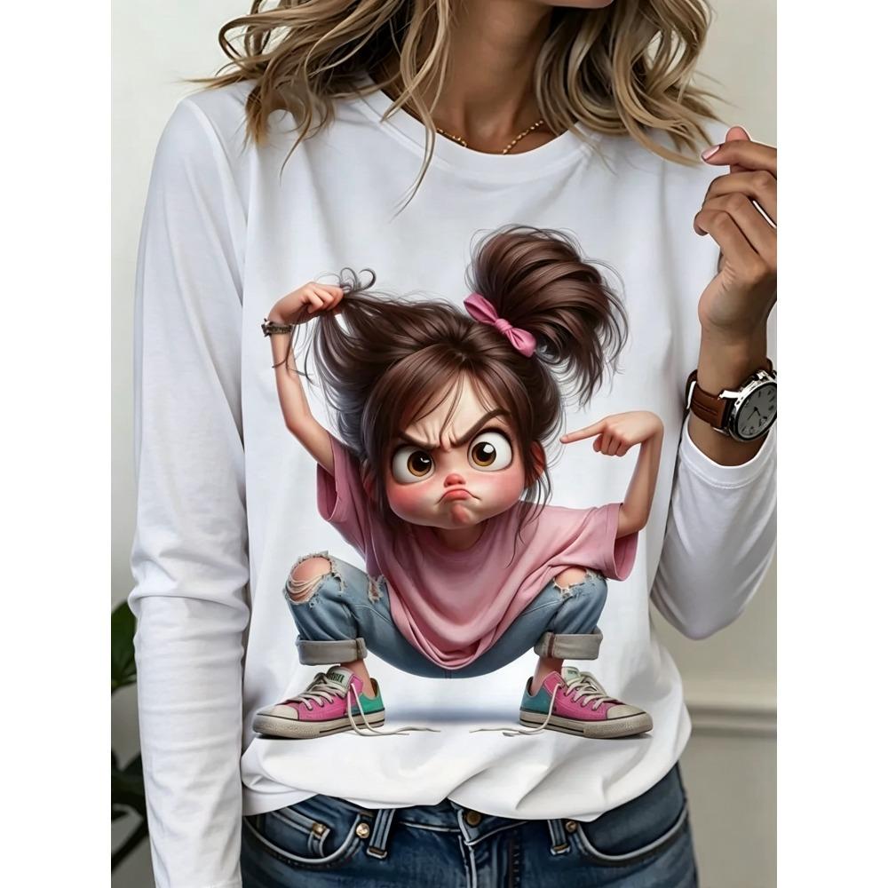 Cartoon Animal Portrait Printed T-shirt Women Loose Large Round Neck Casual Top Fashionable Versatile Leisure 3D Long Sleeved T-shirt