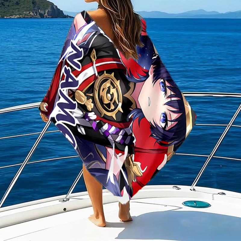 1pc Genshin Impact4 Beach Towel with Custom Name, Beach/Swimming/Bath/Picnic/Camping Towel, Suitable for Seaside Beaches