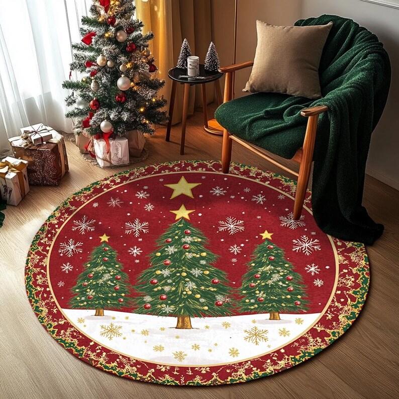 Festive Snowflake Christmas Tree Round Rug Holiday Decor Cozy Living Room Bedroom FloorMat Winter Seasonal Home Gift Bedside Rug