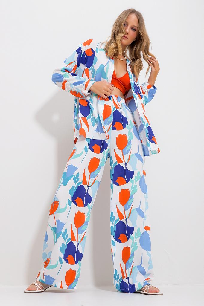 Women's Bottom-Top Set New Season Fashionable Green Patterned Shirt and Trousers Woven Bottom-Top Set