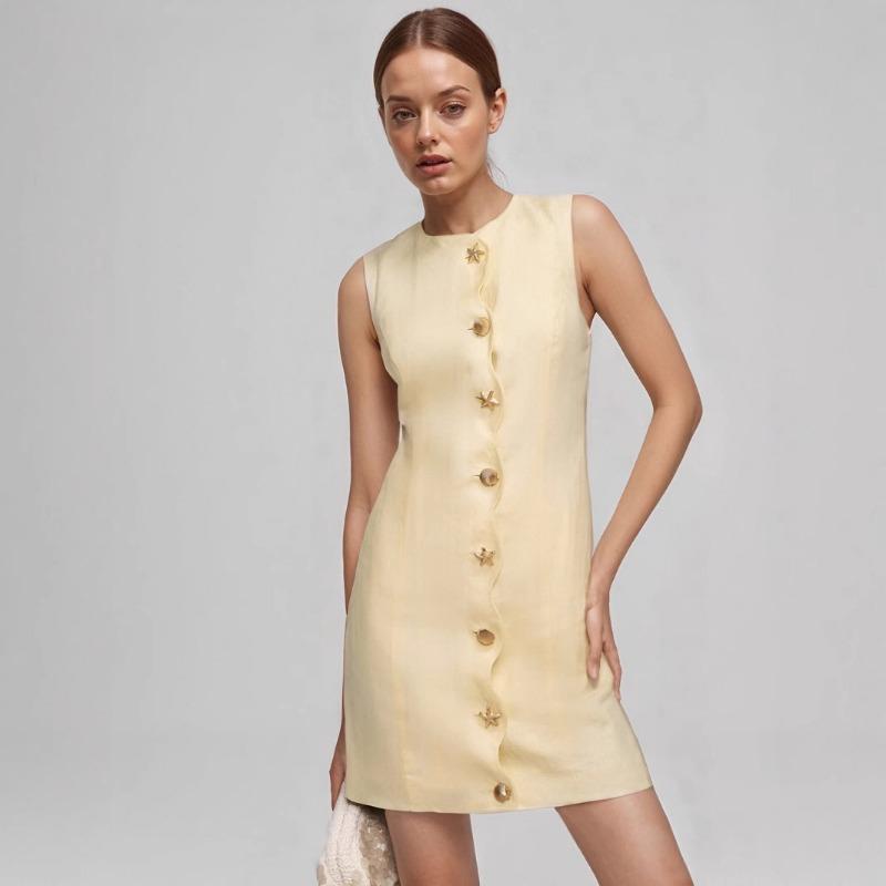 

Элегантное летнее женское платье с тонкими пуговицами и небольшим узором XL светло-желтого