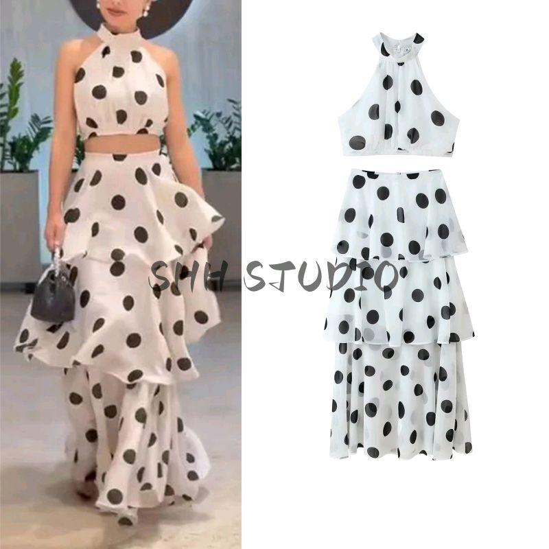 Summer Women's Hanging Collar Sleeveless Dotted Prints Vest Tops + Long Cake Skirt Two-piece Set