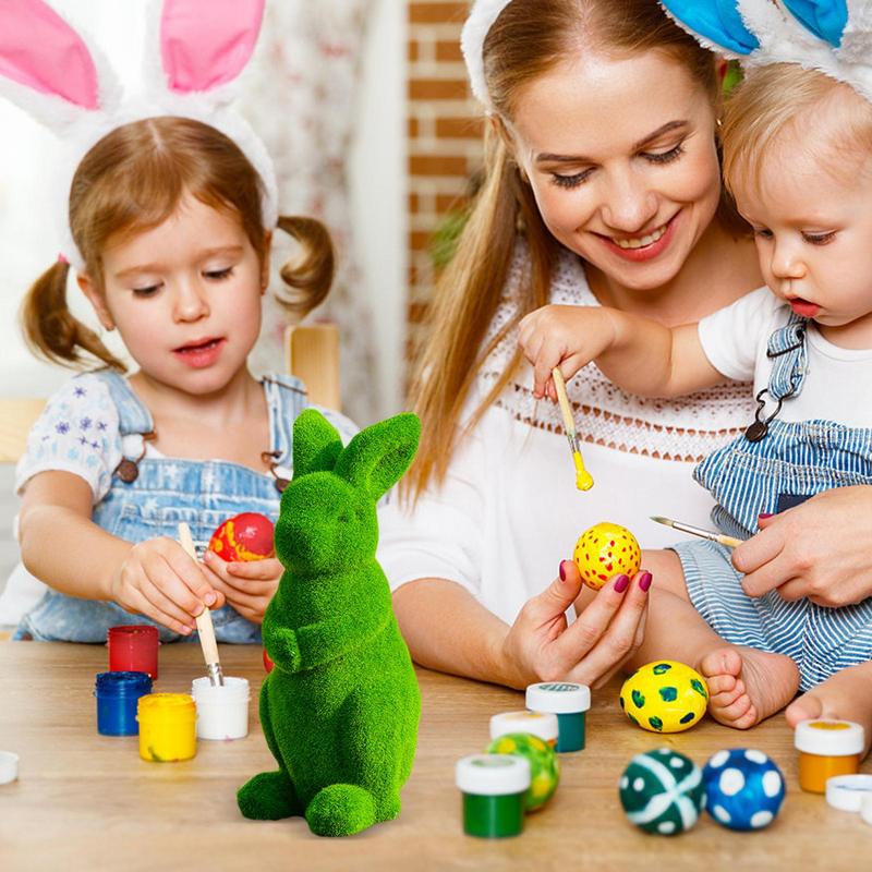 Easter Green Moss Bunny Standing Figurine Weatherproof Outdoor Garden Statue Desktop Ornament for Easter Party Kids Gift