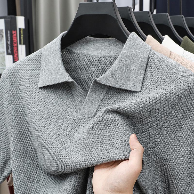 Herren Sommer V-Ausschnitt Möwenkragen Ananasstrick Baumwolle Poloshirt M graue
