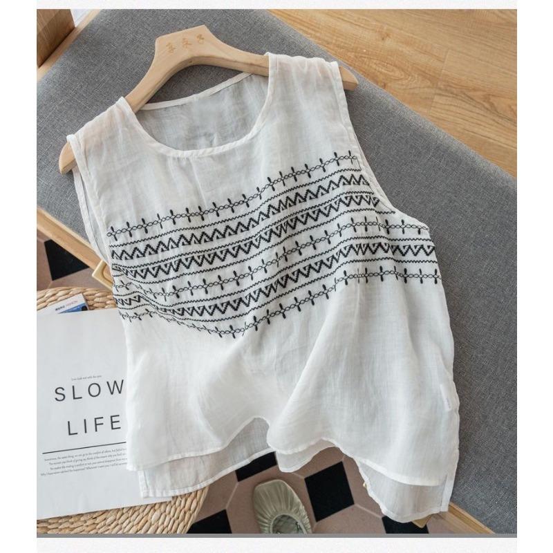 Summer Cotton and Linen Sleeveless Vest for Women Artistic Retro Solid Color Casual Loose Inner Slim Suspender Thin Top