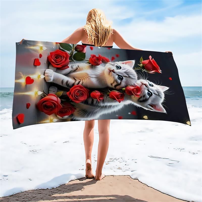 1PC Rose Kitty Heart Beach Towel Quick Dry Bath Towel Beach Vacation Photography Essential Lightweight Soft Fabric