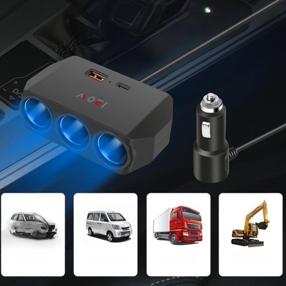 120W Car Charger with 3 USB Ports and 3 Power Sockets for QC3.0 Fast Charging Compatible with 12V 24V Vehicles Black