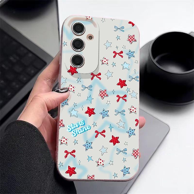 Blauer Stern Schleifen Muster Hülle Für Samsung Galaxy S25 Edge S24 Ultra S23 S22 Plus S21 FE S26 Ultra Lederstruktur Silikonhülle