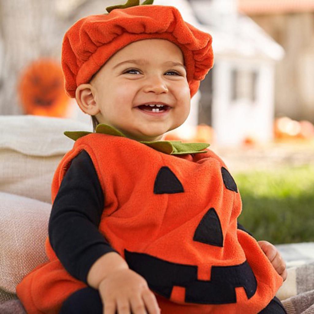 Toddler Infant Baby Boy Girl Pumpkin Vest Tops Hat Halloween Outfits Costume Set