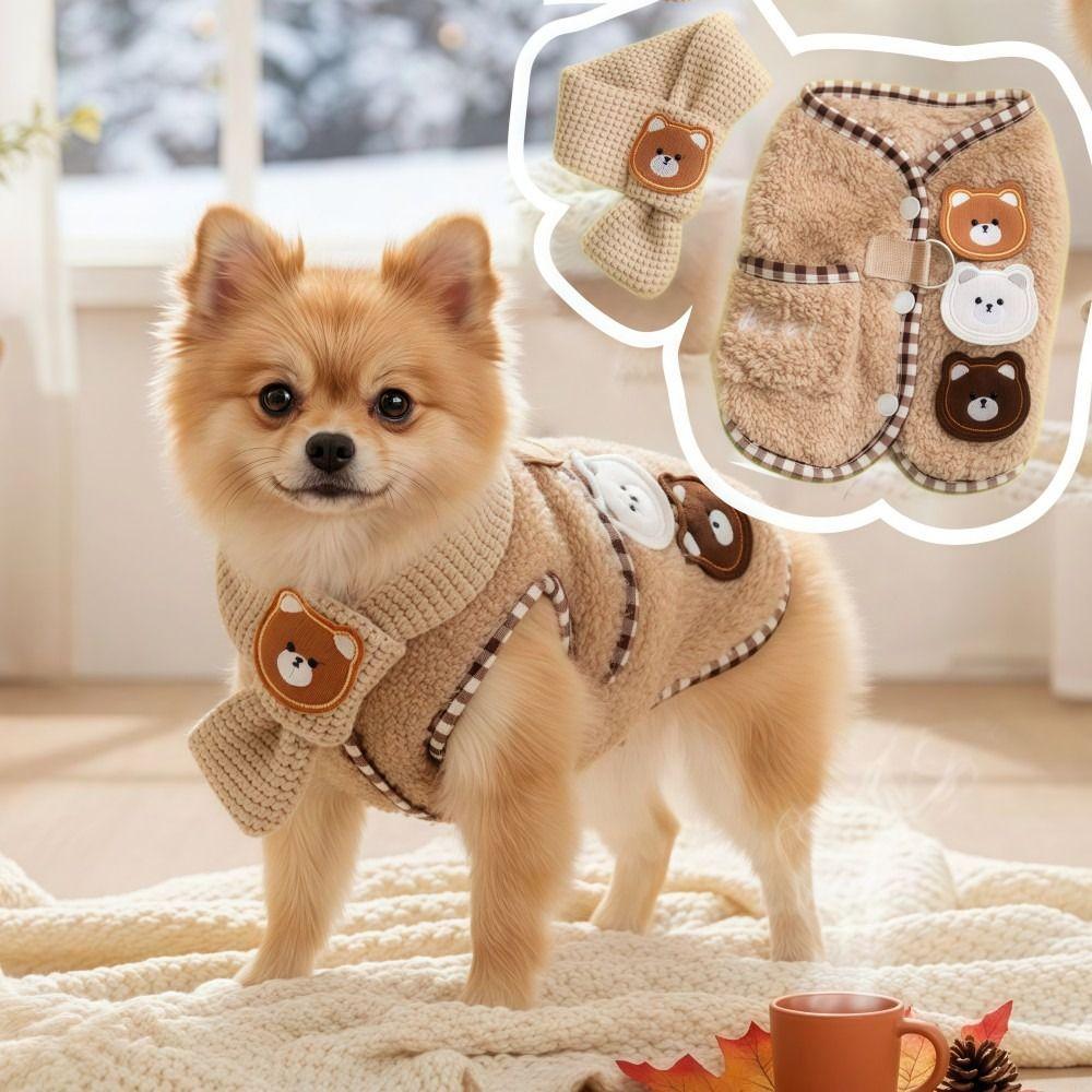 Cartoon Bär Welpe Mantel Schal Set Baumwolle Bequem Hund Weste Jacke Wendeplüsch Warm Haustier Kostüm