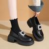 Rhinestone Buckle Loafers Autumn New Round Toe Deep Mouth Platform Non-slip Wear-resistant Block Heel Shoes