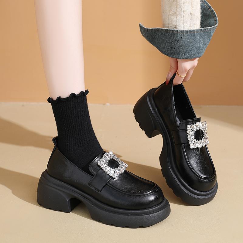 Rhinestone Buckle Loafers Autumn New Round Toe Deep Mouth Platform Non-slip Wear-resistant Block Heel Shoes