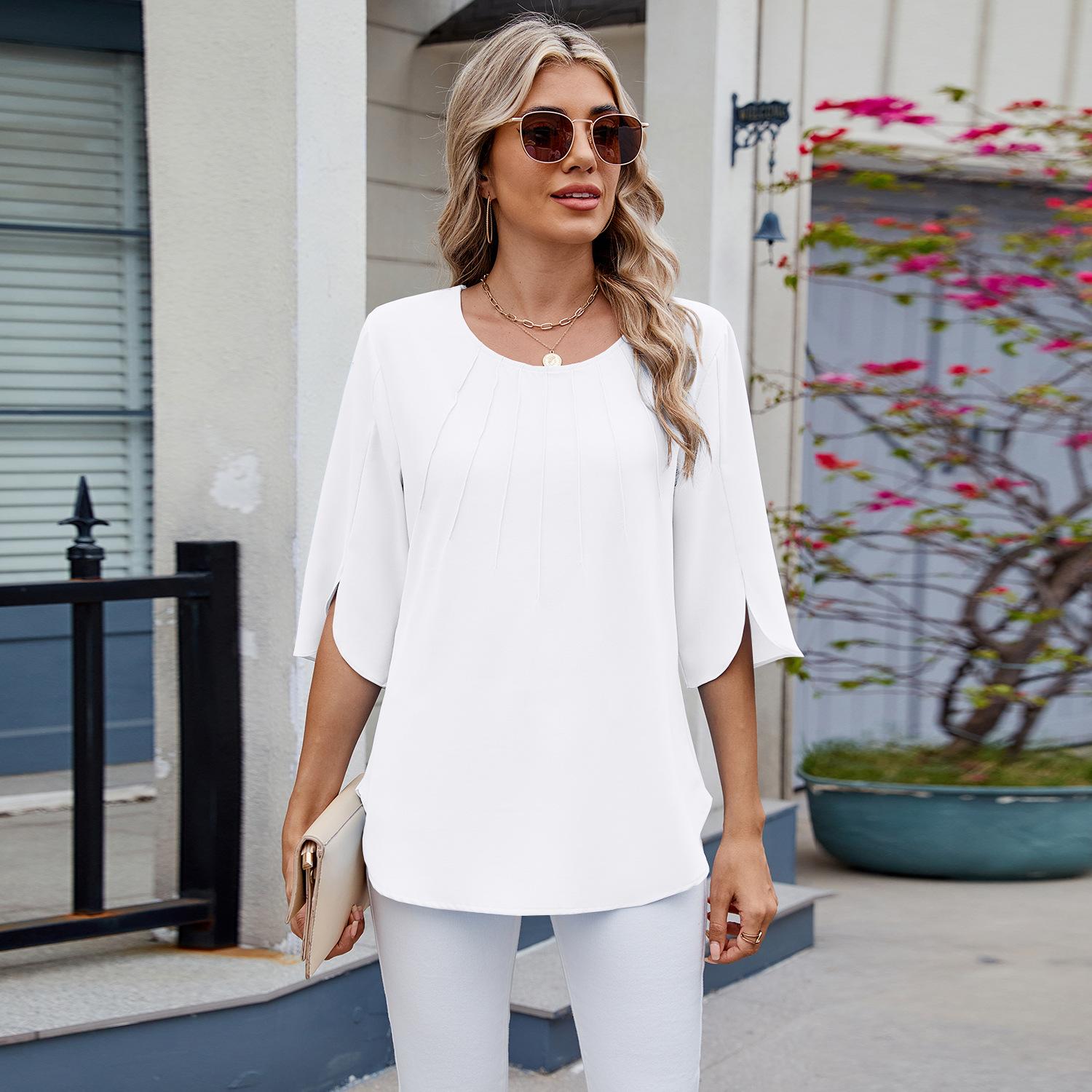 

YYFS женские модные повседневные летние весенние однотонные блузки и рубашки с короткими рукавами и круглым вырезом с принтом XL белый