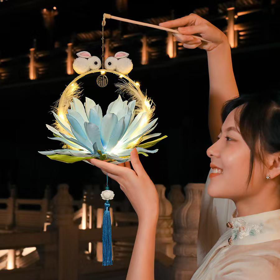 Mid-Autumn Hanfu Style Children's Luminous Lantern - Lotus & Jade Rabbit Design