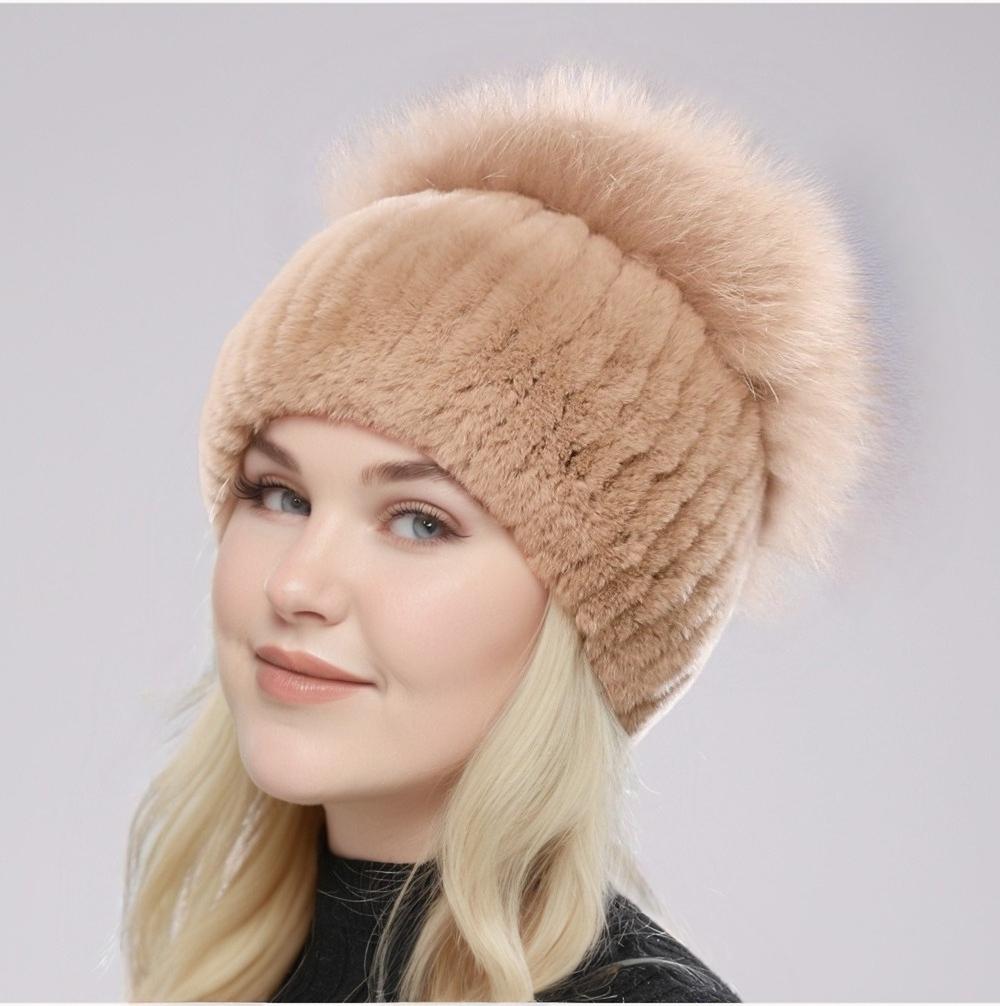 Nové Dámské Zimní Luxusní Čepice z pravé Rex Králičí kožešiny Pletená Rexová králičí kožešinová čepice Top Přírodní Liščí kožešina Čepice Originální Liška Čepice Beanies