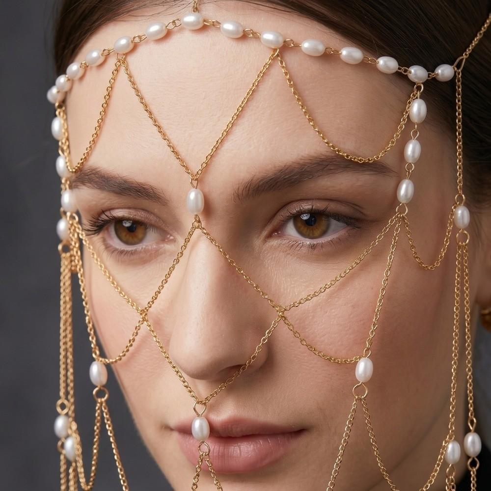 Zircon Pearl Headpiece Hollow Headpiece Tassel Hair Chain High-End Style Bridal Head Chain  Wedding