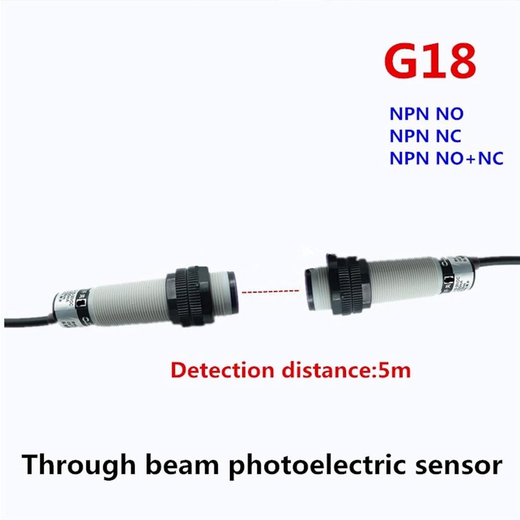 M18 Photocell Sensor Through Beam Type NPN NO/NC/NO NC Photoelectric Sensor Switch Sensing Detect Distance 5m (Color : NPN NO NC)