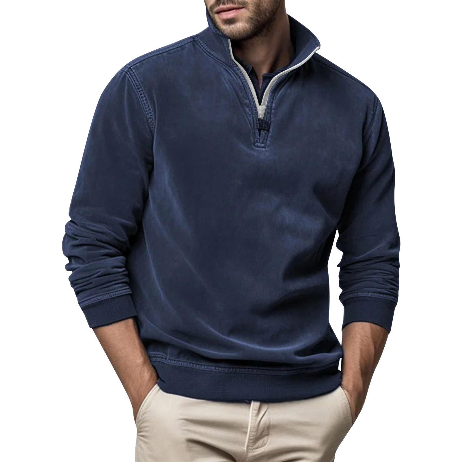 

Чоловічий модний верхній повсякденний приталений пуловер із довгим рукавом і блискавкою, малим високим коміром XXXL Темно-синій