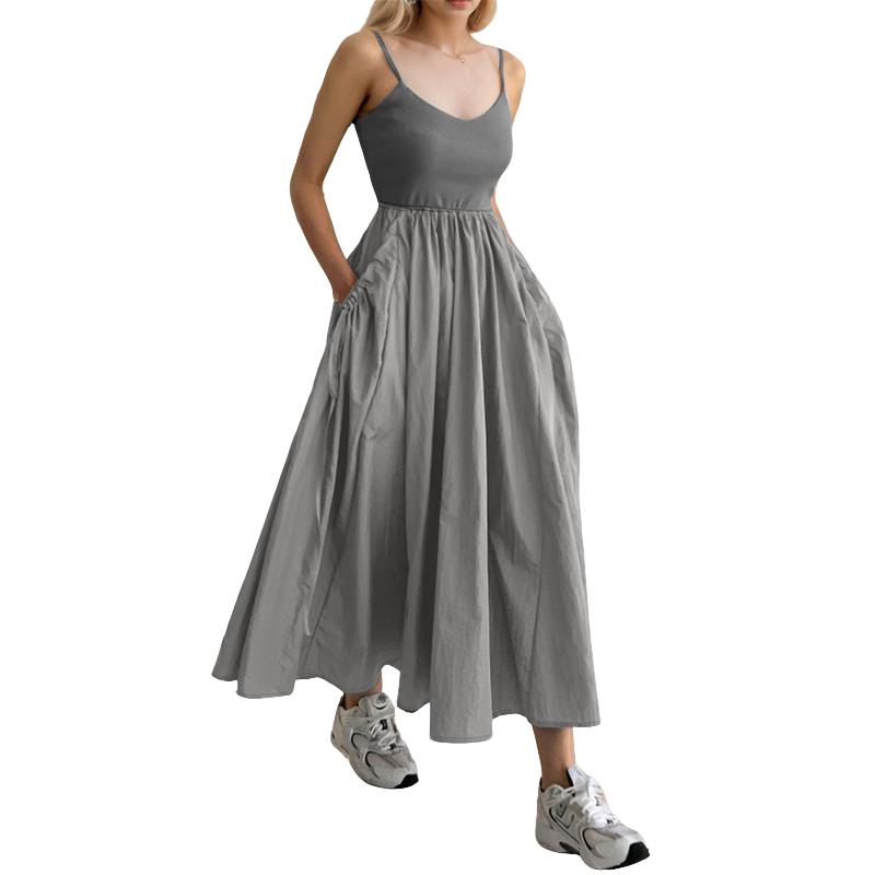 

ZANZEA Women Casual Patchwork Summer Sleeveless Straps Slip Dress S серый