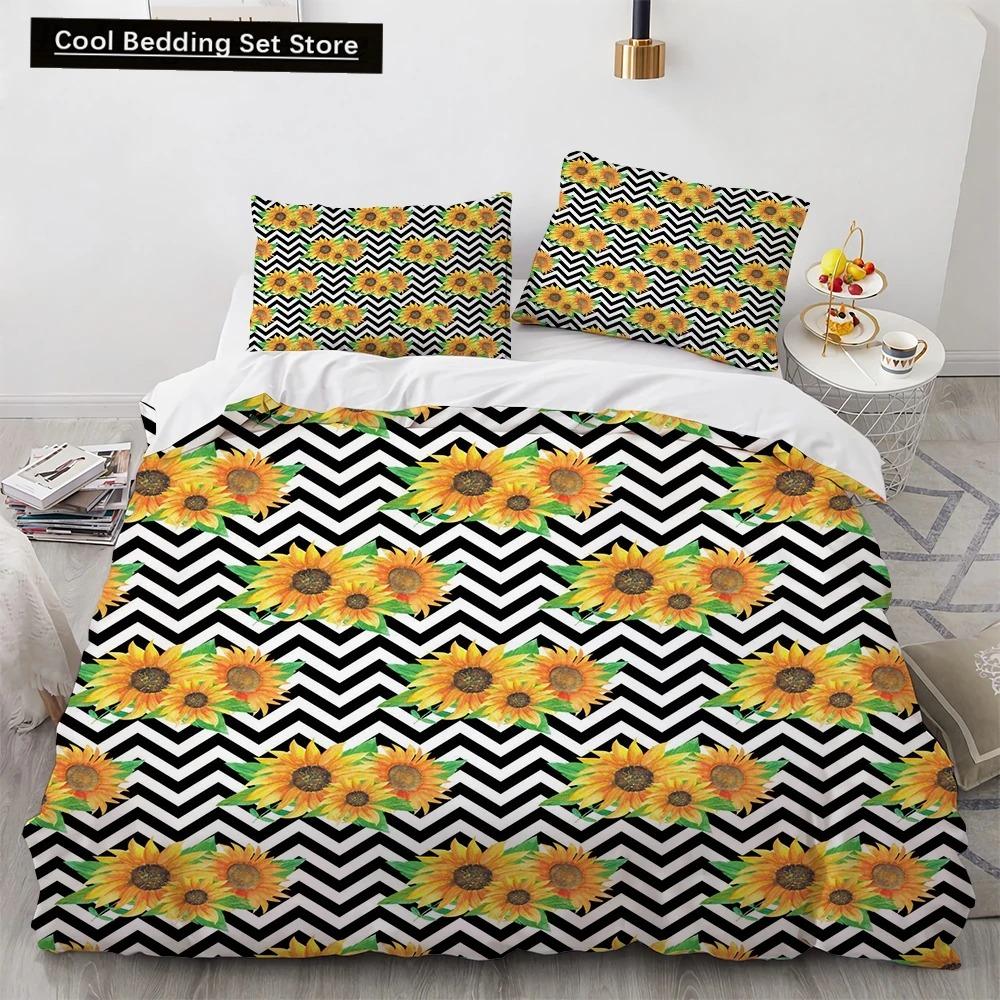 Sunflower King Queen Duvet Cover Striped Floral Bedding Set for Kids Teens Adults Colorful Flowers 23pcs Polyester Quilt Cover