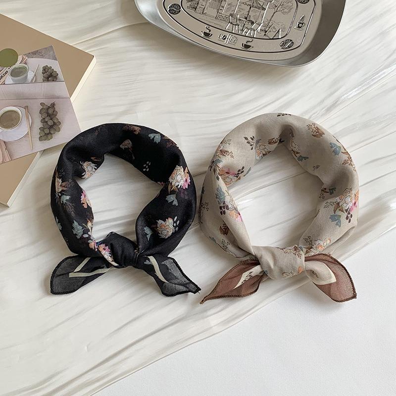 Headscarf summer female pastoral retro floral silk scarf neck small square scarf commuting silk scarf small scarf fart curtain stacked wear