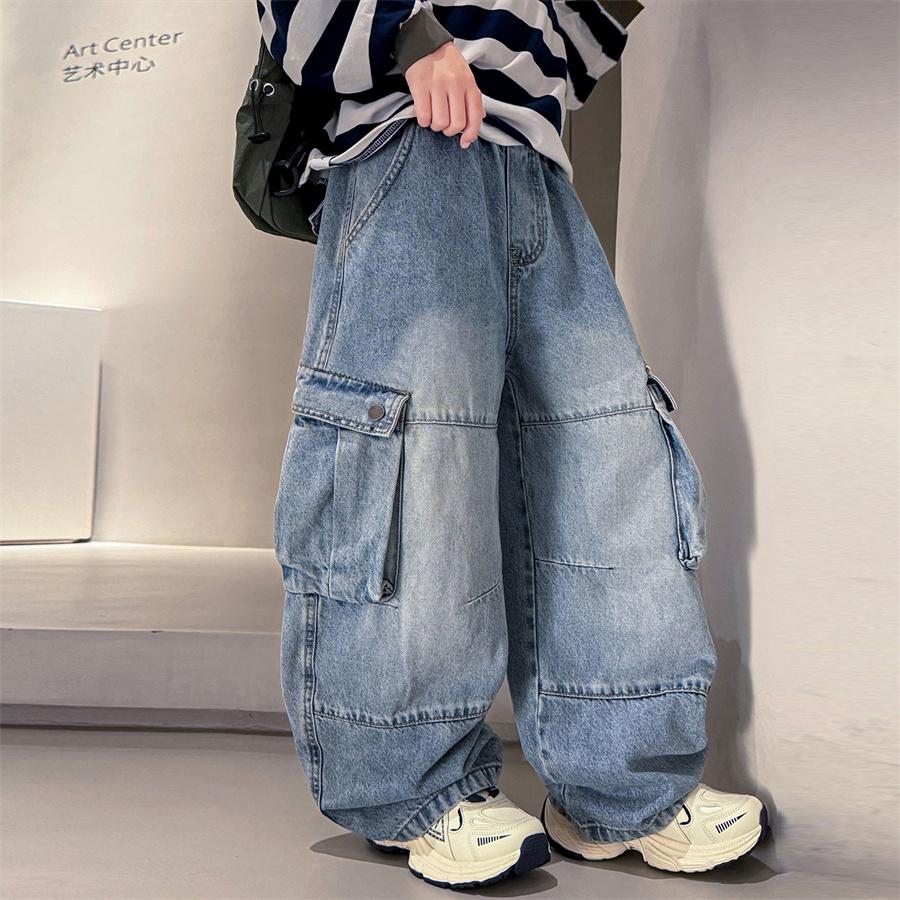 Jeans Cargo Larghi da Lavoro Pesanti di Alta Qualità per Ragazzi Adolescenti Vestibilità Larga Tasche Pantaloni in Denim Bambini Pre-adolescenti Moda Jeans Pantaloni