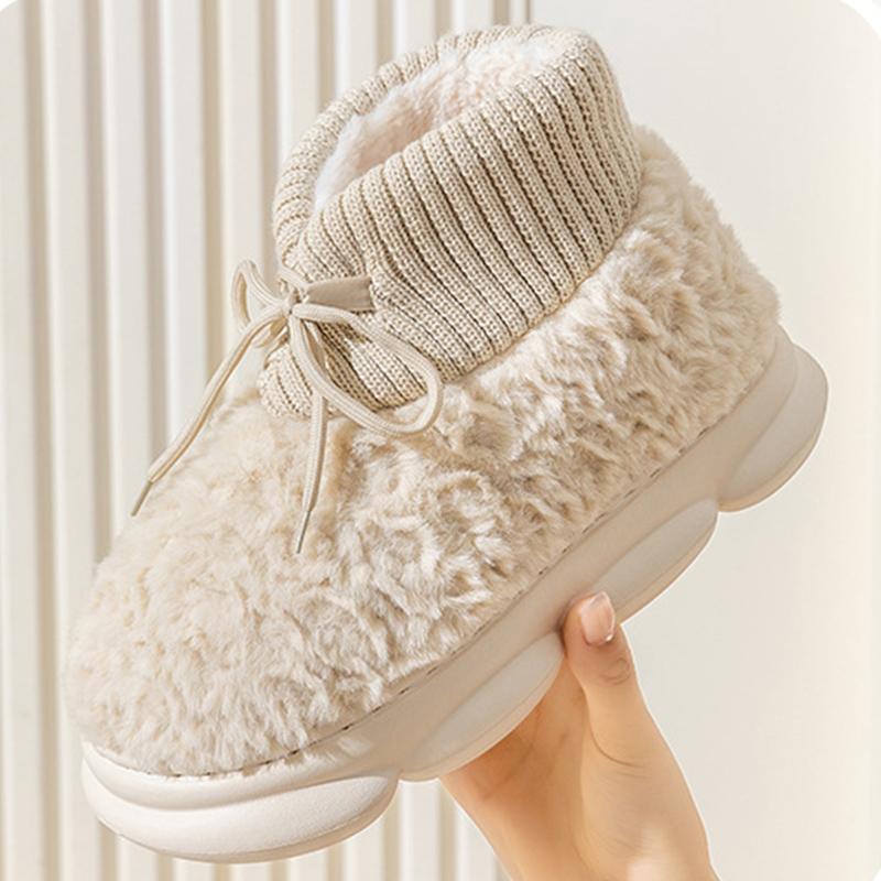 Winter Lacing Plush Warm Cotton Shoes Women's Solid Color Thick Bottom Fluffy Couple Boots Casual Big Size Ladies Shoes