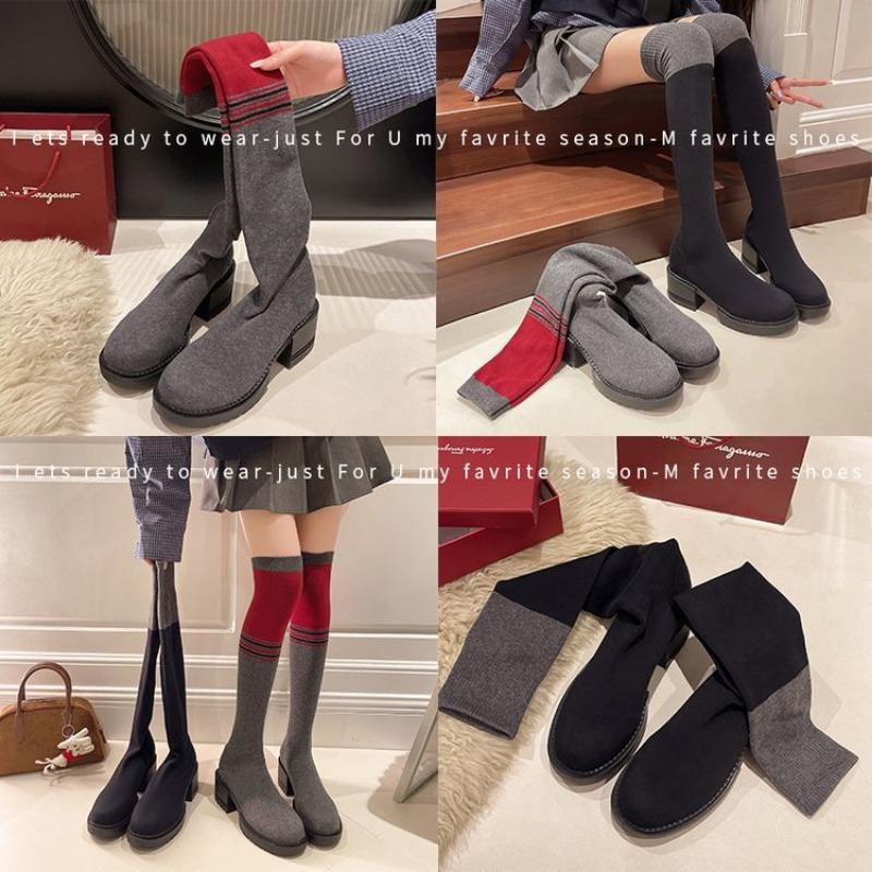 Large size over-knee knitted socks and boots for women's autumn new trendy thick heel thick sole heightened and thin women's boots