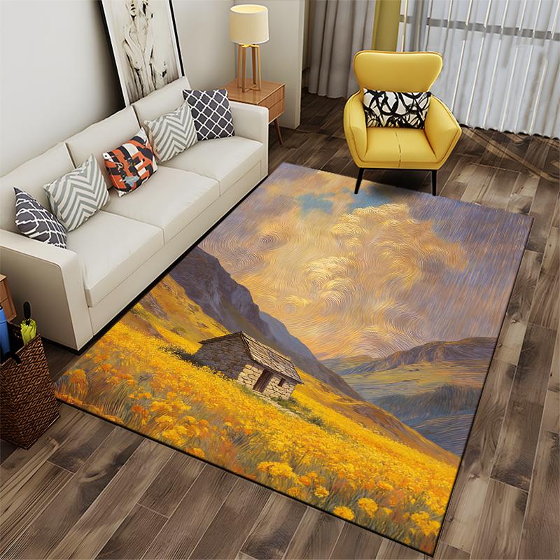 Yellow Field Cottage Landscape Printed Carpet, Van Gogh Style Decor Suitable for Use As an Anti-slip for Living Room Bedroom Sofas