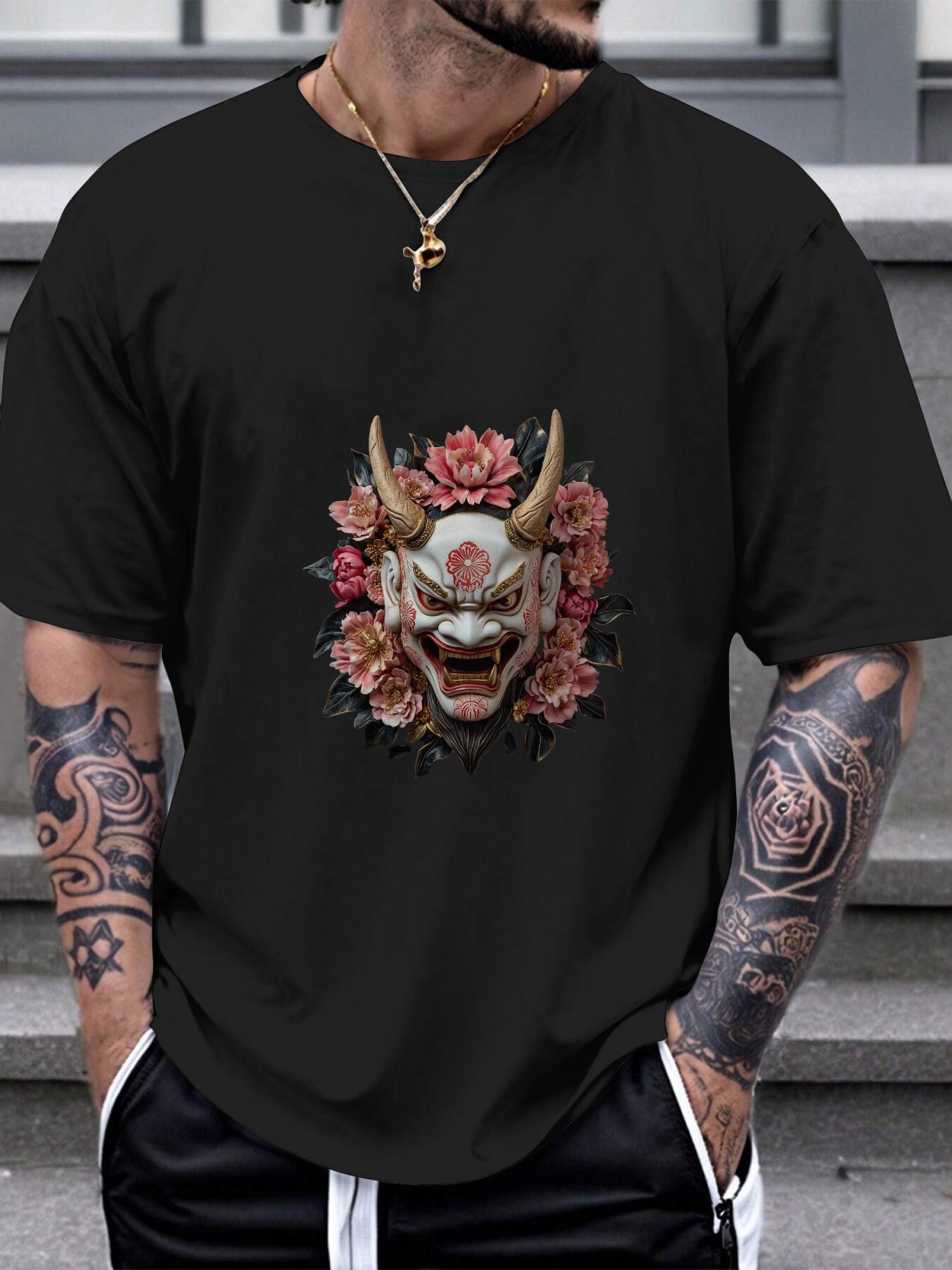 Japanese Oni Mask Graphic T-shirt - Heavyweight 180gsm Cotton Crew Neck Tee S