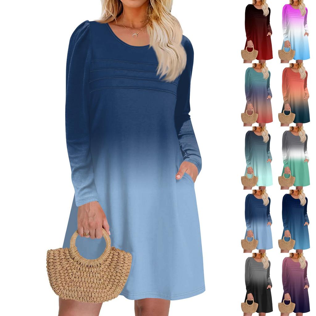 Women's Long Sleeve Dress Fall Casual T Shirt Loose Fit Pleated Front Dresses With Pockets