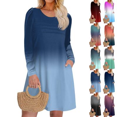 Kadın Uzun Kollu Elbise Sonbahar Günlük Tişört Bol Kesim Pileli Ön Cepli Elbiseler