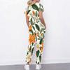 Women Plus Size White Floral Printed Scrub Set Cutout Neck Short Sleeve Pocket Top Long Pants Two Piece
