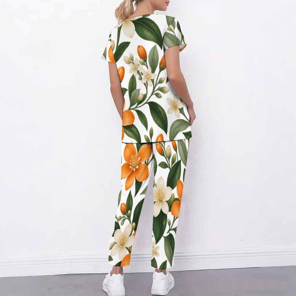 Women Plus Size White Floral Printed Scrub Set Cutout Neck Short Sleeve Pocket Top Long Pants Two Piece