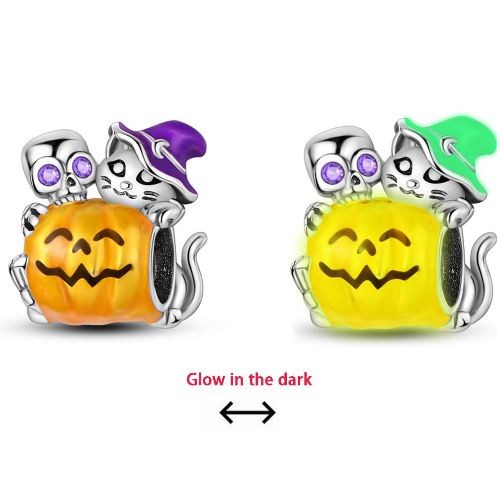 New Copper Glow-In-The-Dark Halloween Pumpkin Dangle Charm Fit Original Bracelet Spooky Skull Charm Bead Jewelry Gift