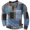 Men's New Long Sleeve T-Shirt 3D Printed Patchwork Color Casual Fashion Open Front 3 Button T-Shirt