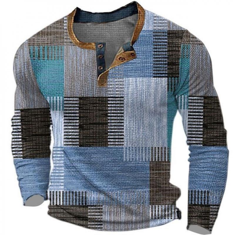 Men's New Long Sleeve T-Shirt 3D Printed Patchwork Color Casual Fashion Open Front 3 Button T-Shirt