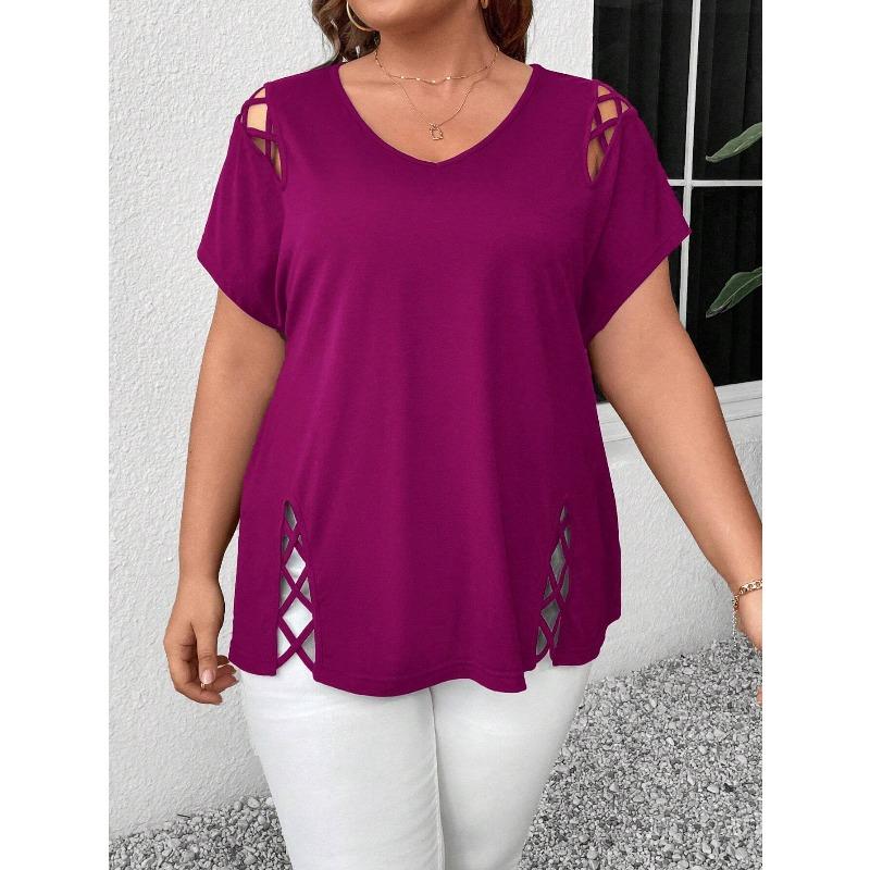 Gładki kolor, krótki rękaw, detal z krzyżującymi się paskami, modny, elegancki, damski top/koszulka plus size