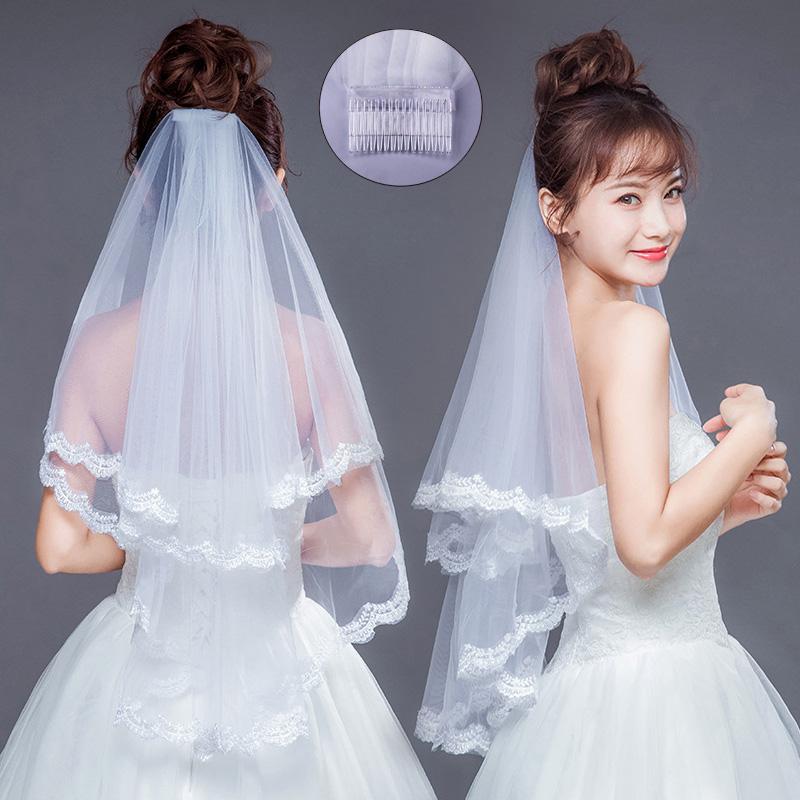 

Женская кружевная свадебная фата длиной до кончиков пальцев, двухъярусная, с гребнем, свадебные аксессуары
