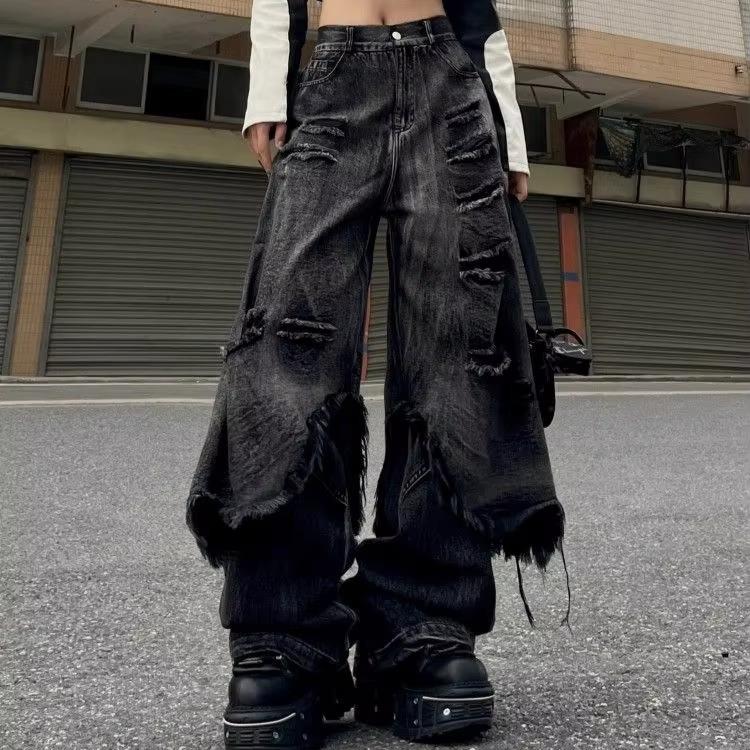 Oversize Patchwork Black Jeans Women High Street Hiphop Denim Pants Y2K Harajuku Y2K Gothic Loose Wide Leg Pants