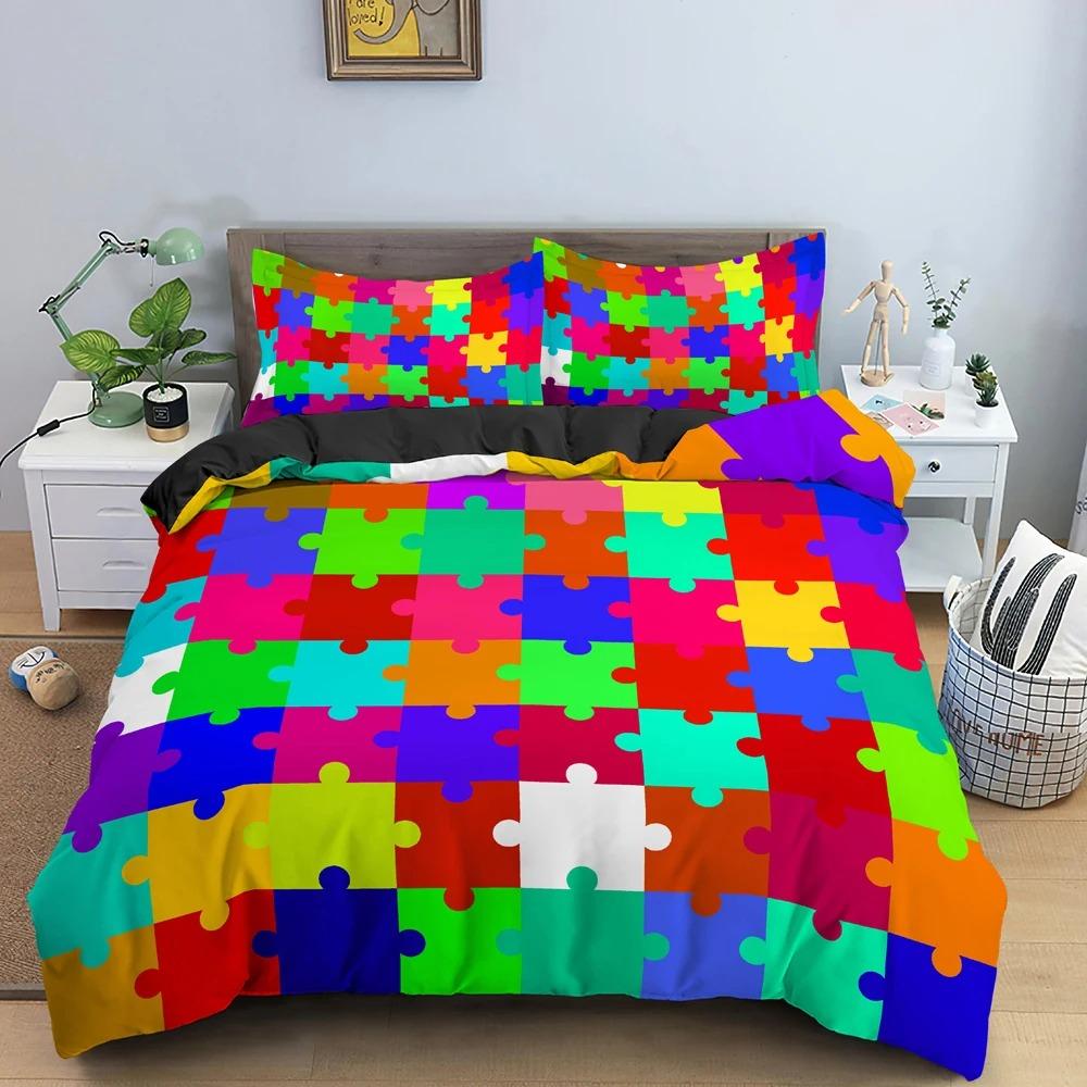 3D Print Colorful Puzzle Duvet Cover King Queen Geometric Figure Quilt Cover Simple Polyester Bedding Set for Kids Boys Girls