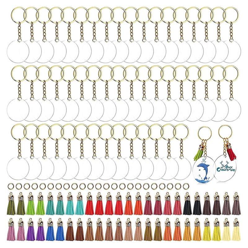 A84E-Прозрачные акриловые брелки 200 шт. Заготовки для брелков с кольцами Ключи с золотым покрытием(200 шт)