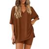 Damen V-Ausschnitt Kurzarm Oversize Oberteil Elastische Taille Taschenshorts Loungewear Schlafanzug Set Lässiges Zweiteiliges Outfit