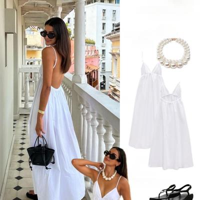 Sleeveless Summer Women Sexy Dress Loose V-neck Solid Backless Casual Dress Lady Beach White Sling Dresses Female Clothing 24151