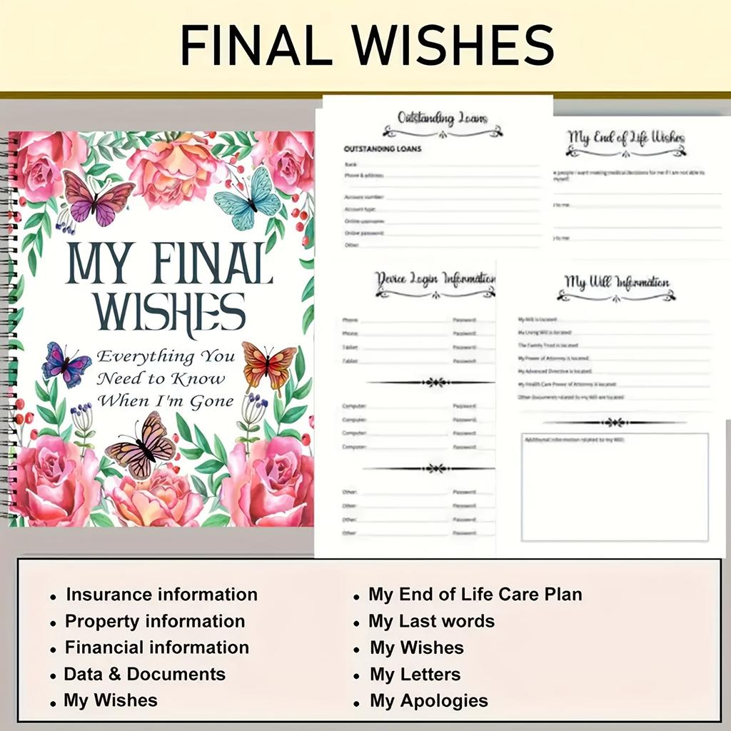 1pc "My Final Wishes" Planner - Comprehensive End of Life Organizer with Floral & Butterfly Design, End of Life Planner Book